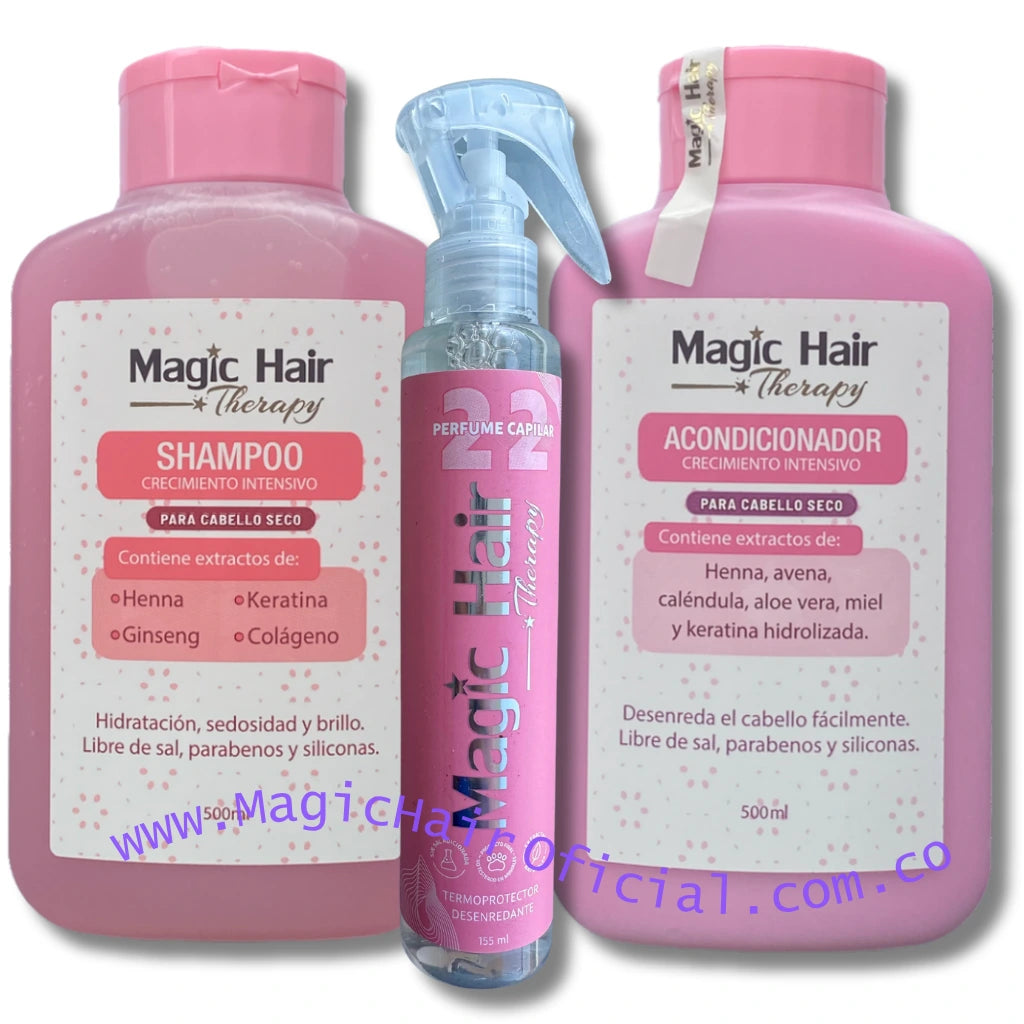 Shampoo para Crecimiento Cabello Seco + Acondicionador sin Sal + Termoprotector para el Cabello | Magic Hair