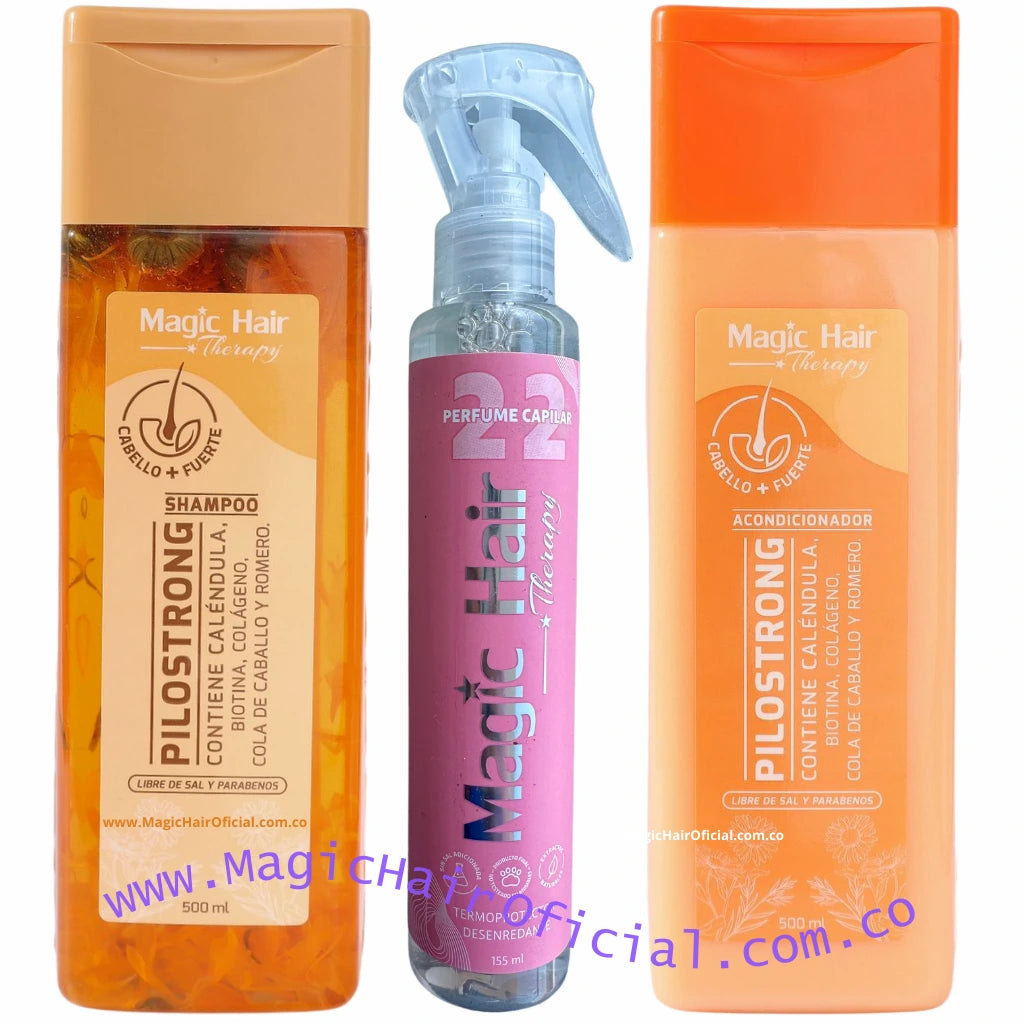 Shampoo para la Caída del Cabello Pilostrong + Acondicionador sin Sal + Termoprotector para el Cabello | Magic Hair