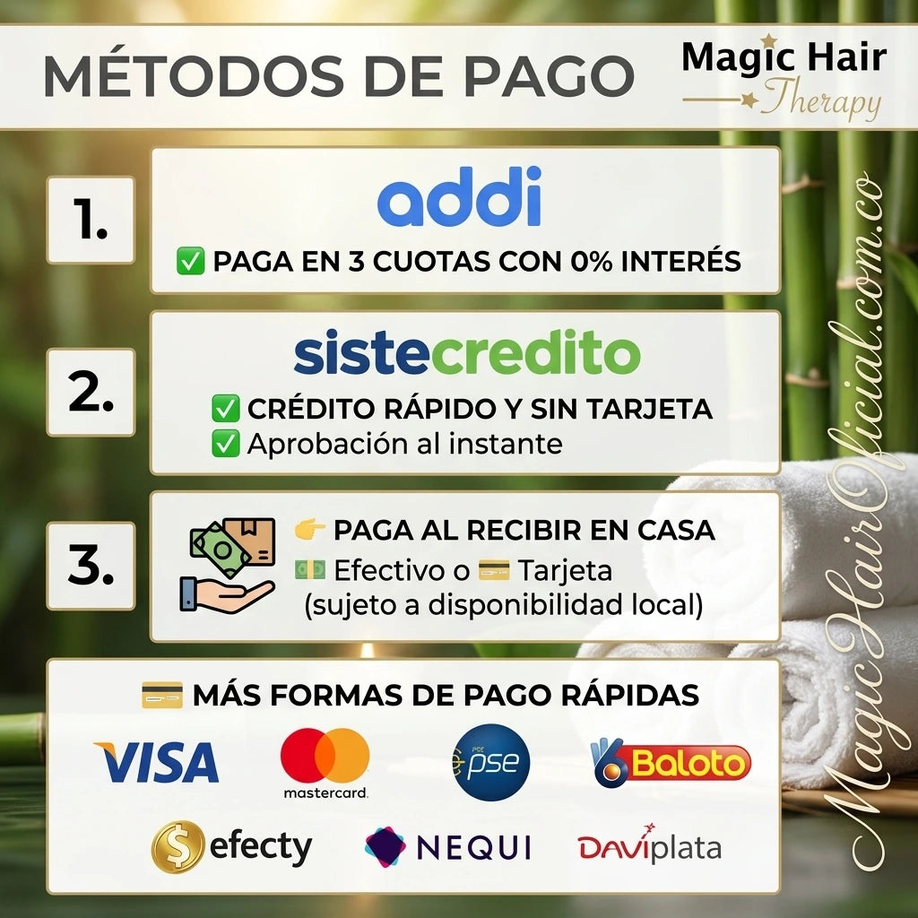 Métodos de pago como Addi, Nequi y contra entrega para el shampoo de romero Magic Hair Oficial Medellín