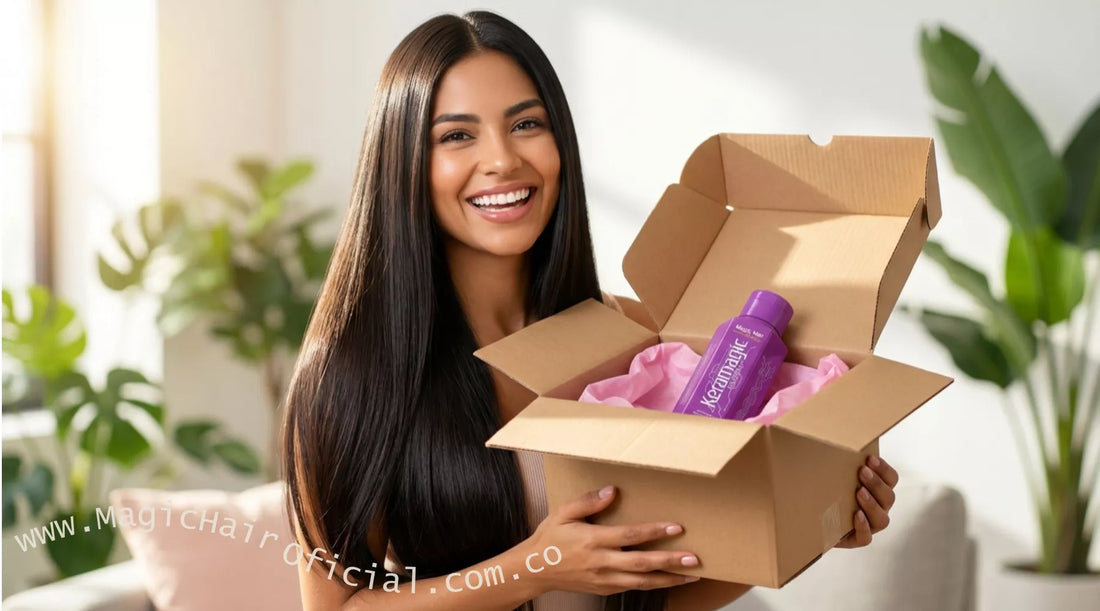 Mujer latina con cabello liso recibiendo caja de Magic Hair Original en Colombia