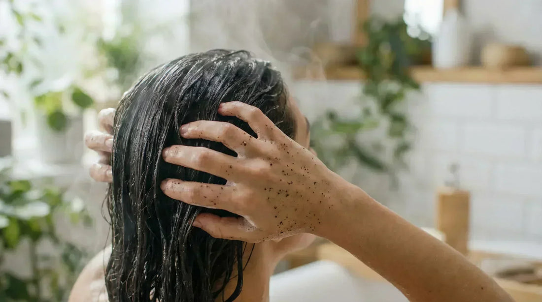 Mujer realizando una exfoliación capilar profunda para un cuero cabelludo sano con productos Magic Hair en Colombia