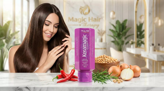 Modelo con cabello liso espejo usando Keratina Keramagic de Magic Hair para control frizz y alisado progresivo con ingredientes naturales como cebolla y ají