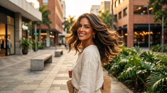 mujer colombiana volumen movimiento corte de cabello en capas calle soleada Magic Hair Oficial