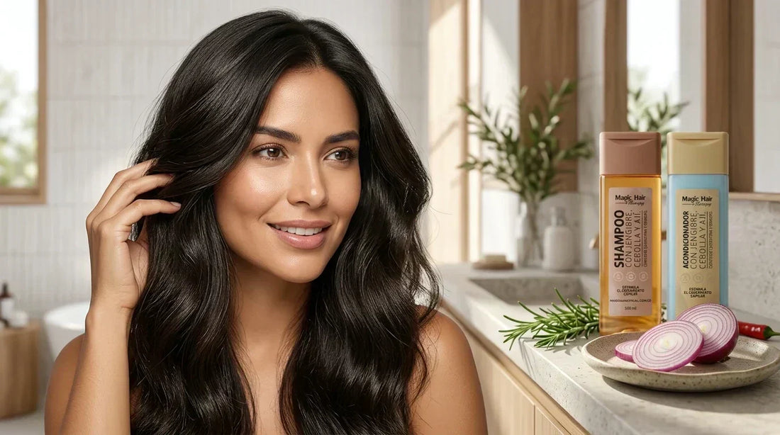 mujer sonriente con cabello abundante y saludable gracias al tratamiento para la caida del cabello magic hair envigado antioquia