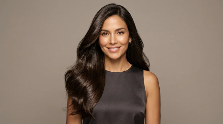 Mujer con cabello castaño oscuro brillante y saludable sobre un fondo neutro demostrando los resultados del tratamiento para el cabello seco y maltratado magic hair Medellín colombia