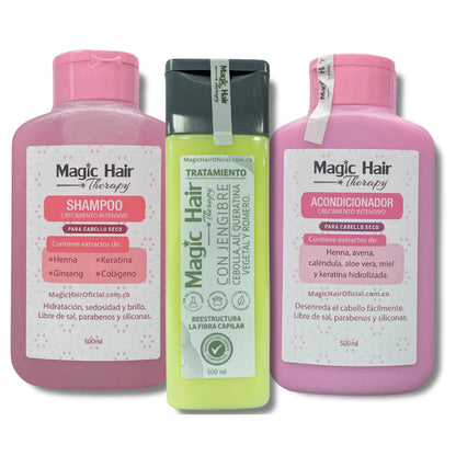 Kit Hidratación y Crecimiento: Tratamiento de Cebolla + Shampoo + Acondicionador para Cabello Seco Magic Hair
