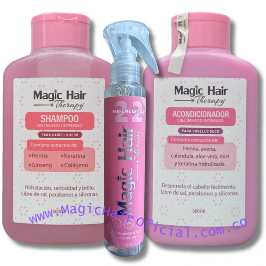 Shampoo para Crecimiento Cabello Seco + Acondicionador sin Sal +  Termoprotector para el Cabello | Magic Hair