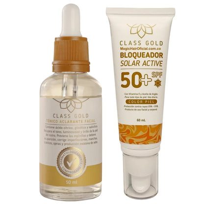 Kit Tónico Aclarante Facial 50 ML + Bloqueador Solar 50+ SPF Color Piel | Class Gold