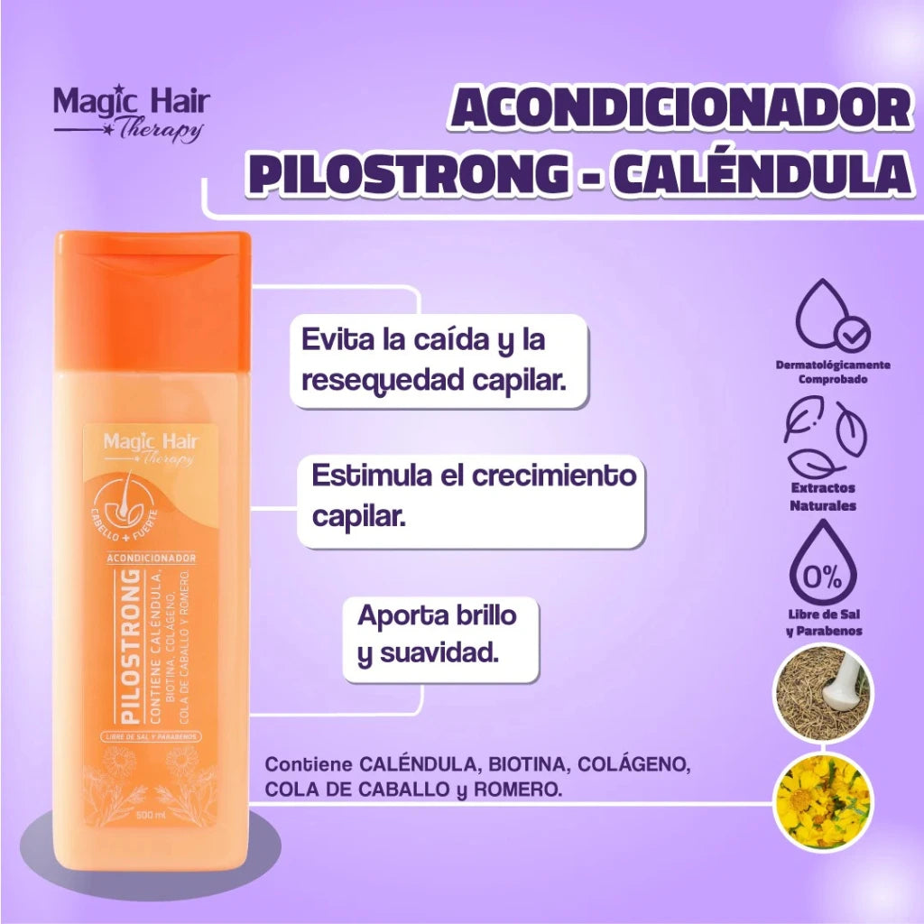 Shampoo para la Caída del Cabello Pilostrong + Acondicionador sin Sal + Termoprotector para el Cabello | Magic Hair