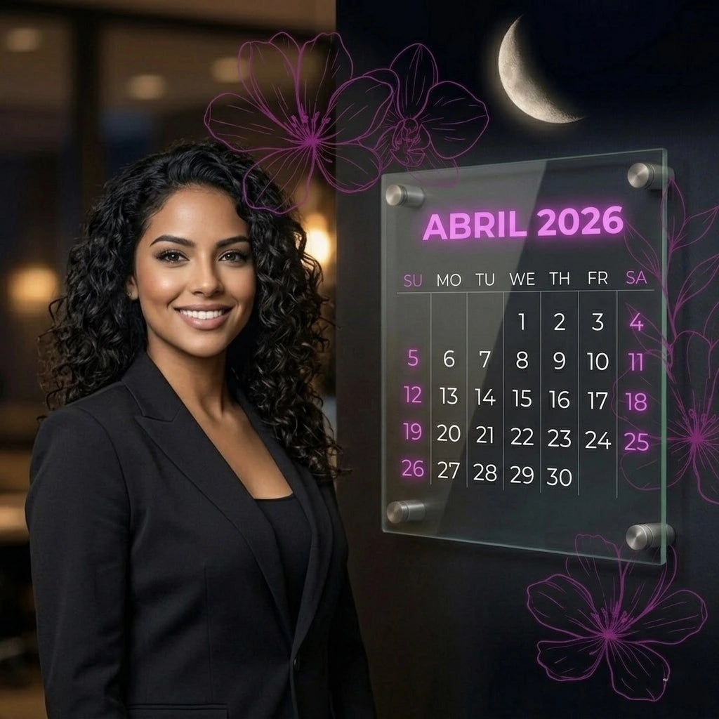 calendario-lunar-abril-2026-corte-de-cabello-fases-de-la-luna-mejores-días-cortar-pelo-según-la-luna-mujer-latina-cabello-rizado-con-calendario-vidrio-neón-rosa-orquídeas-luna-creciente-oficina-oscura-Magic-Hair-Oficial-Medellin-Colombia