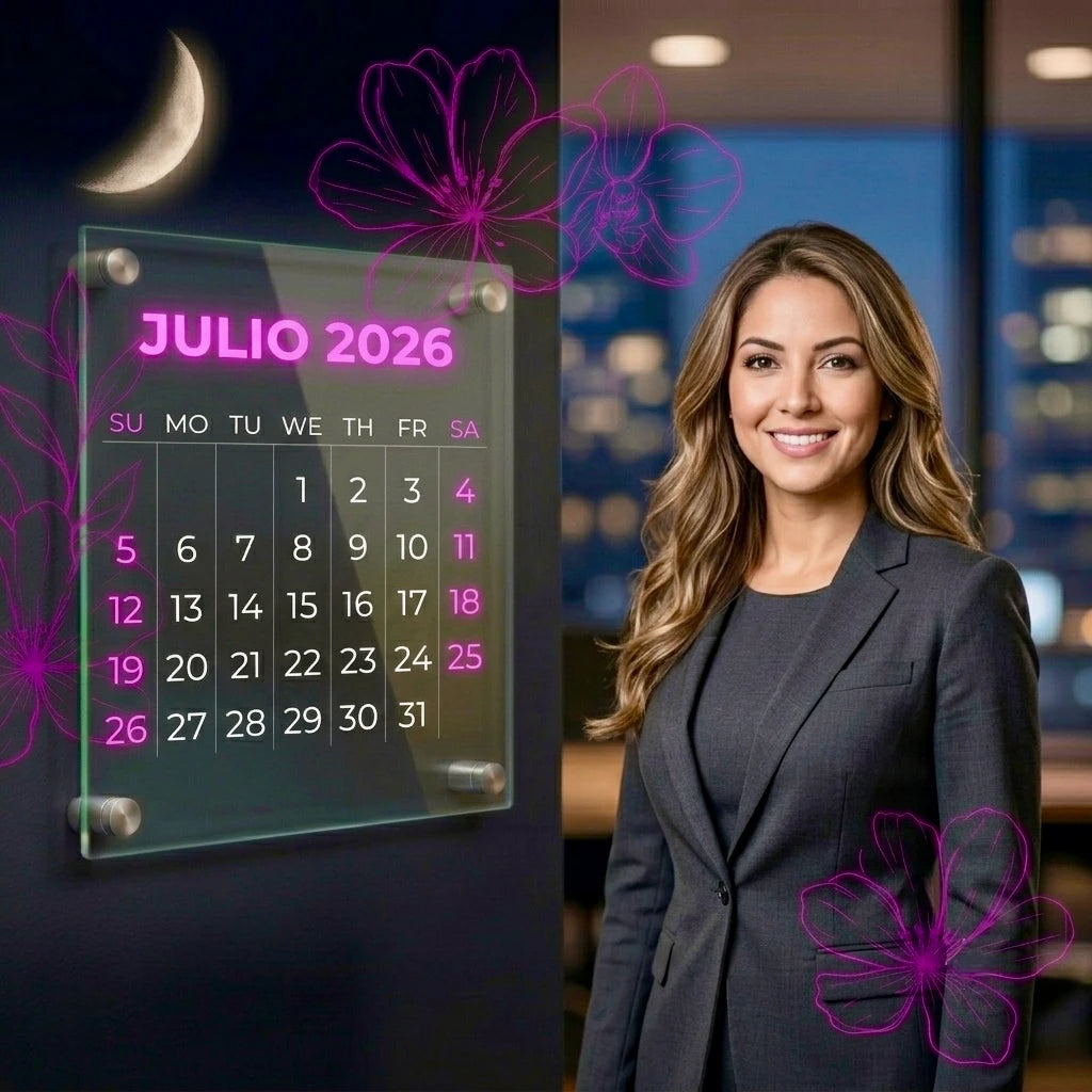 mujer latina blanca pelo largo calendario lunar julio 2026 cuidado cabello belleza fases luna orquideas neon oficina magic hair oficial medellin