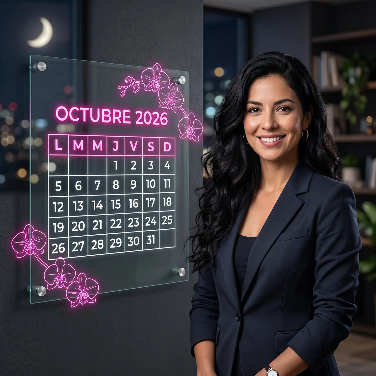 Mujer sonriente con cabello largo junto a un calendario lunar de octubre 2026 detallando las mejores fechas. Incluye el calendario lunar para cortarse el pelo para magic hair oficial medellin.