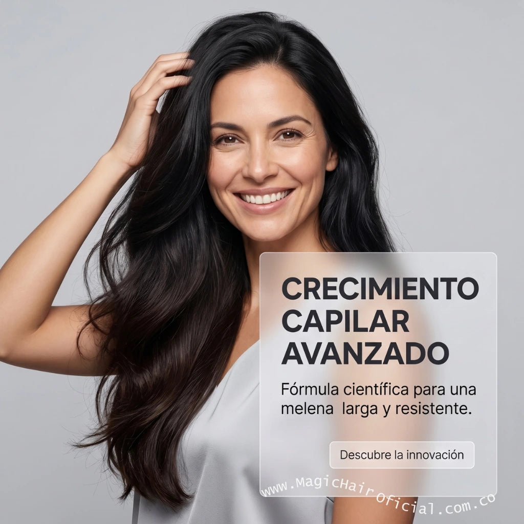 Mujer sonriente de cabello largo y brillante tras superar el cabello estancado con shampoo de romero, con texto crecimiento capilar avanzado magic hair oficial medellin