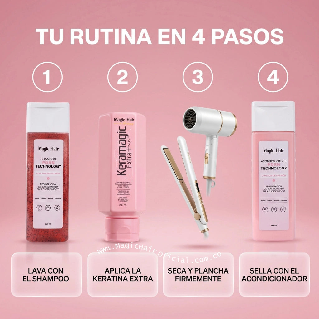 Rutina de 4 pasos con shampoo de romero y keratina orgánica magic hair oficial medellin