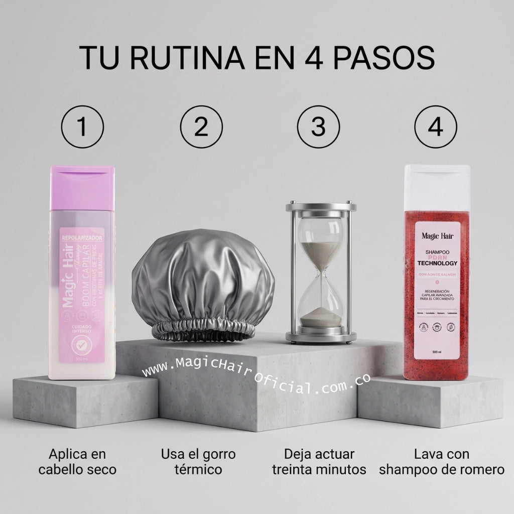 Rutina en 4 pasos con repolarizador capilar y shampoo de romero para reparar cabello maltratado magic hair oficial medellin