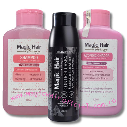 kit Shampoo para el Crecimiento del Cabello Seco + Acondicionador sin Sal +  Shampoo para la Caspa | Magic Hair